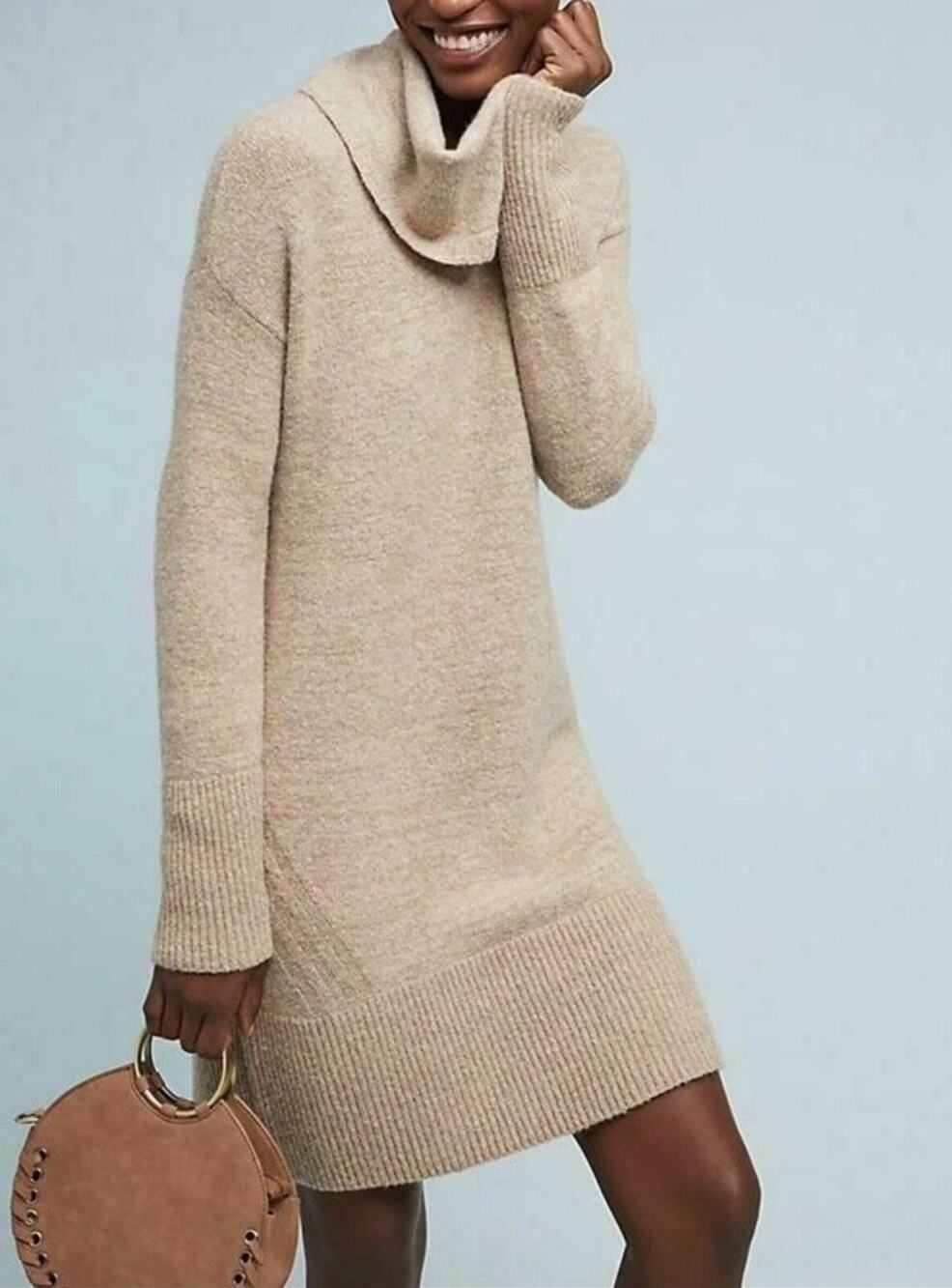 ANTHROPOLOGIE Sonoran Cowl Neck Wool Cashmere Alpaca Blend Sweater Dress XL Tan